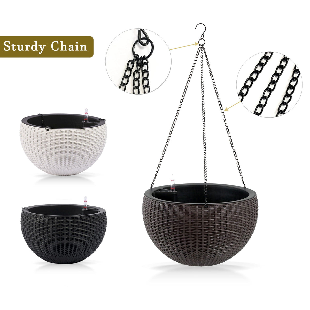 Self Watering Hanging Planter HouseOfZazla white black brown wicker chains 3pc on Tampa Home & Garden Store
