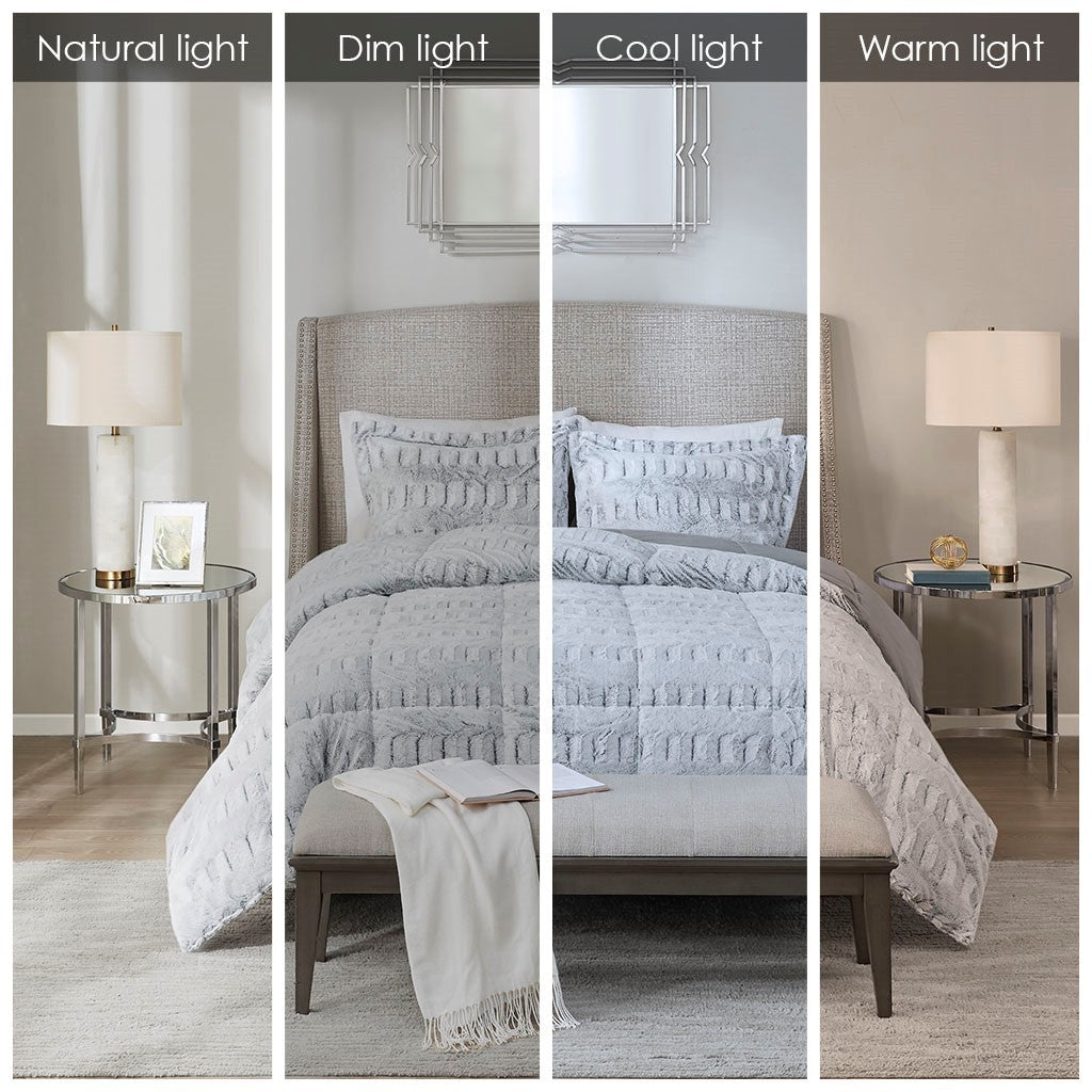 King/Cal King Back Print Long Fur Comforter Mini Set, HouseOfZazla, light gray fur quilt on Tampa Home & Garden Store