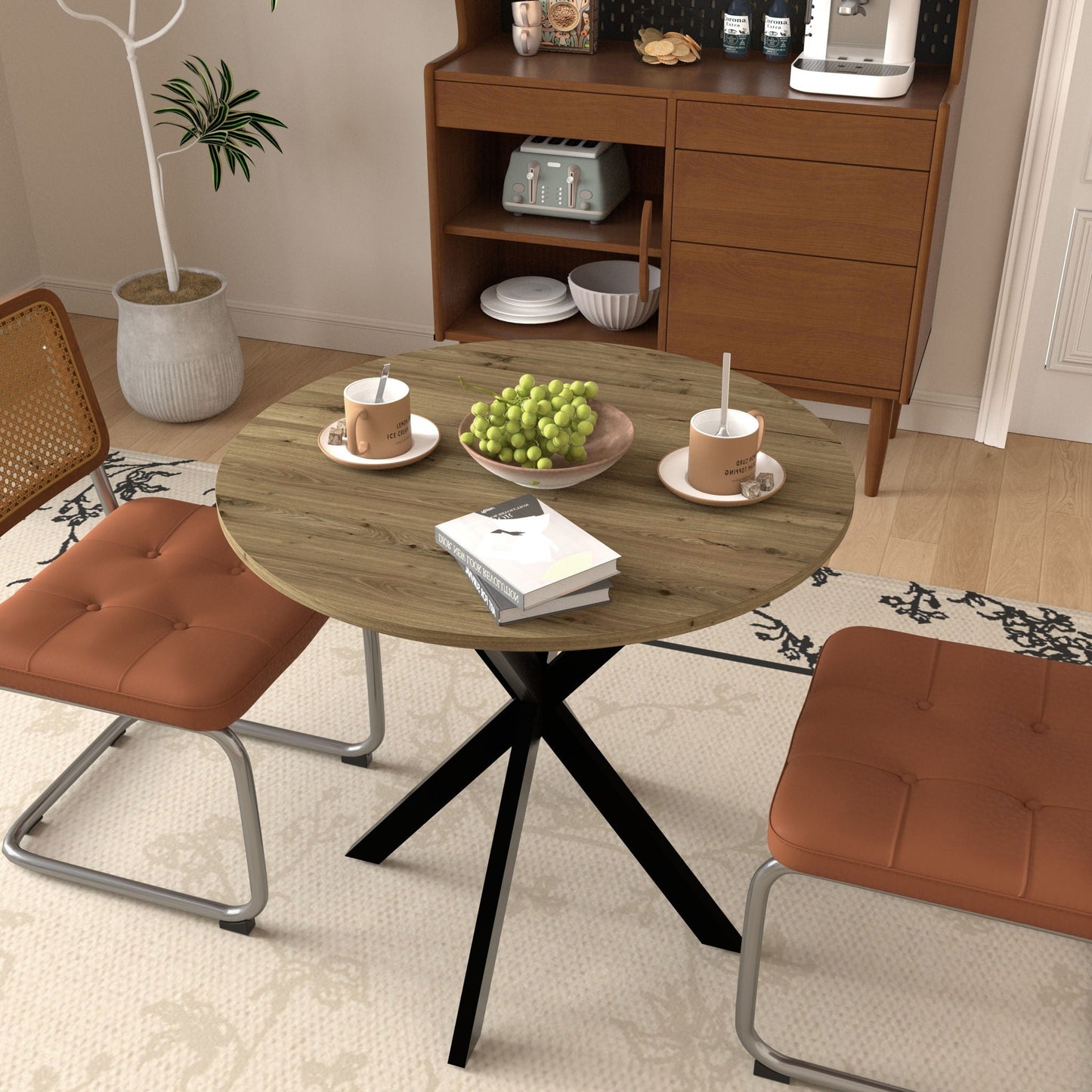 Round rustic brown dining table with a black cross metal base and tan tufted chairs for 2–4 on Tampa Home & Garden Store