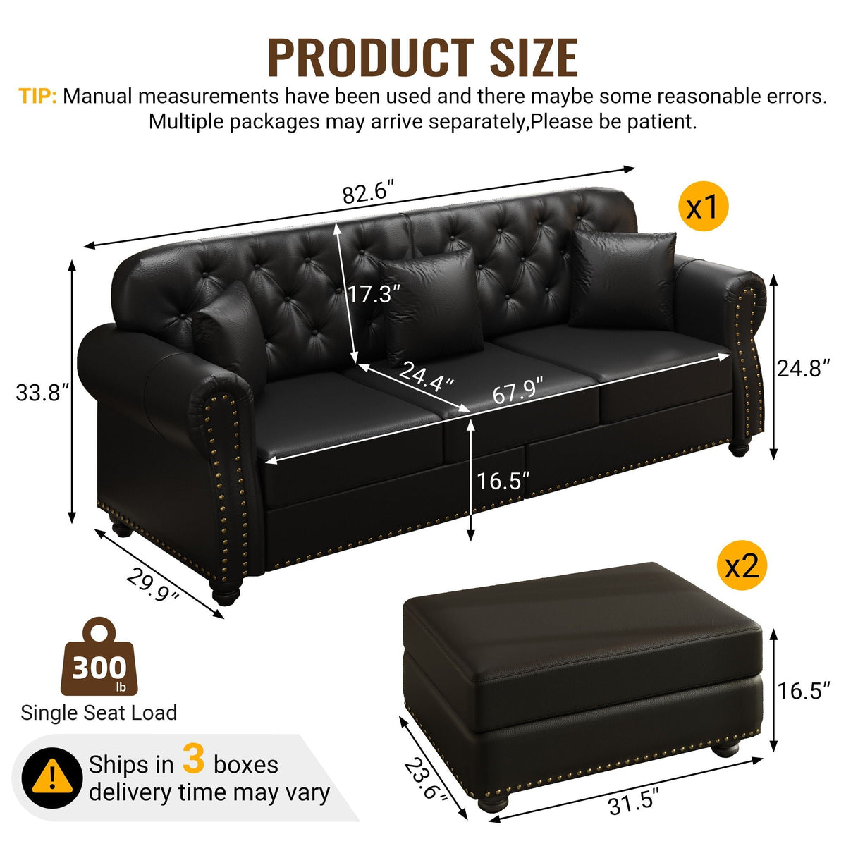Upholstered Sofa with Nailhead and Ottoman