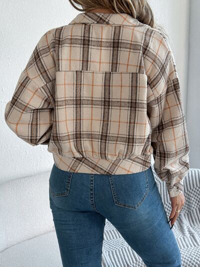 Classic plaid button-up long sleeve jacket for women, beige/brown pattern with back pocket on Tampa Home & Garden Store