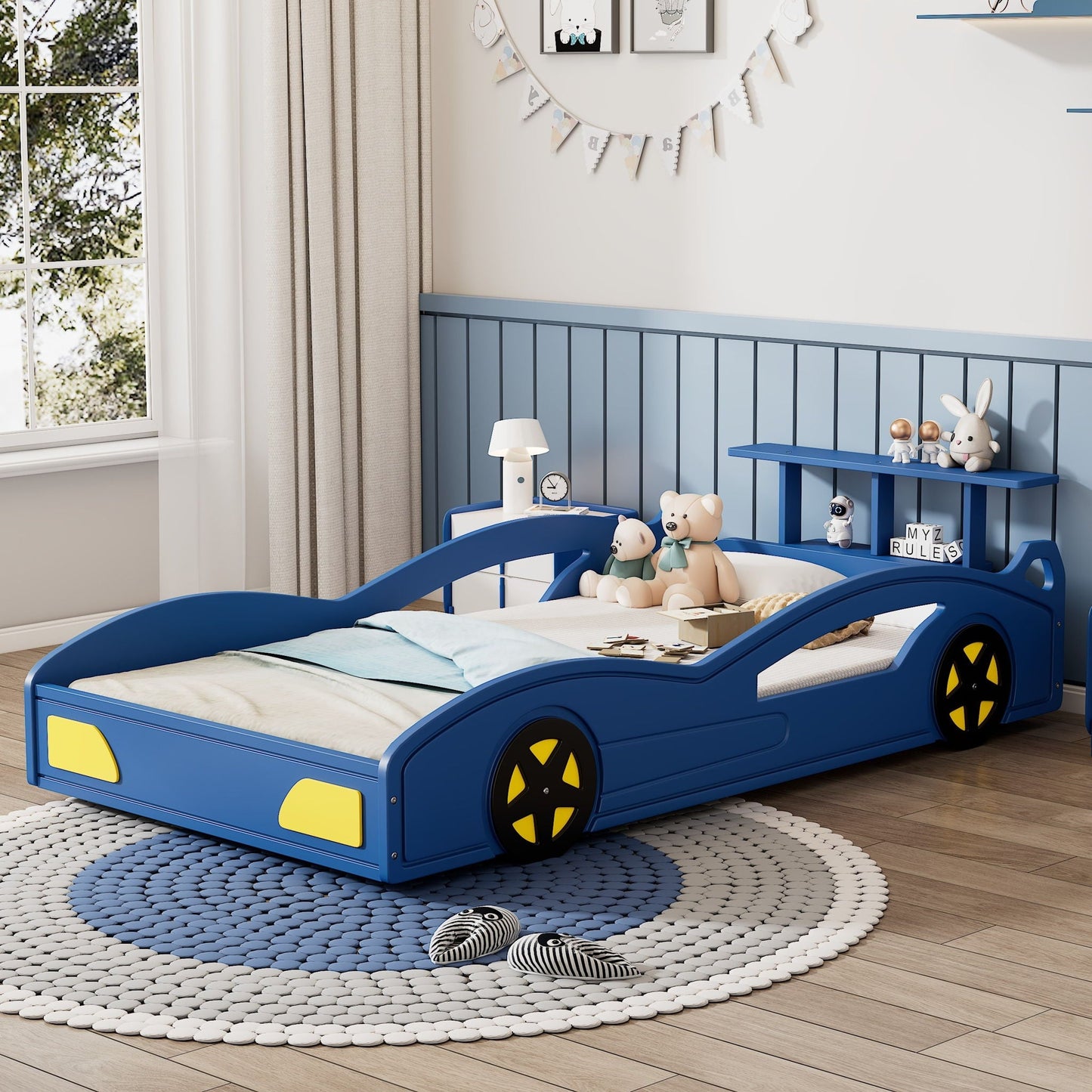 Race Car Platform Bed blue with yellow wheels HouseOfZazla in kids room on Tampa Home & Garden Store