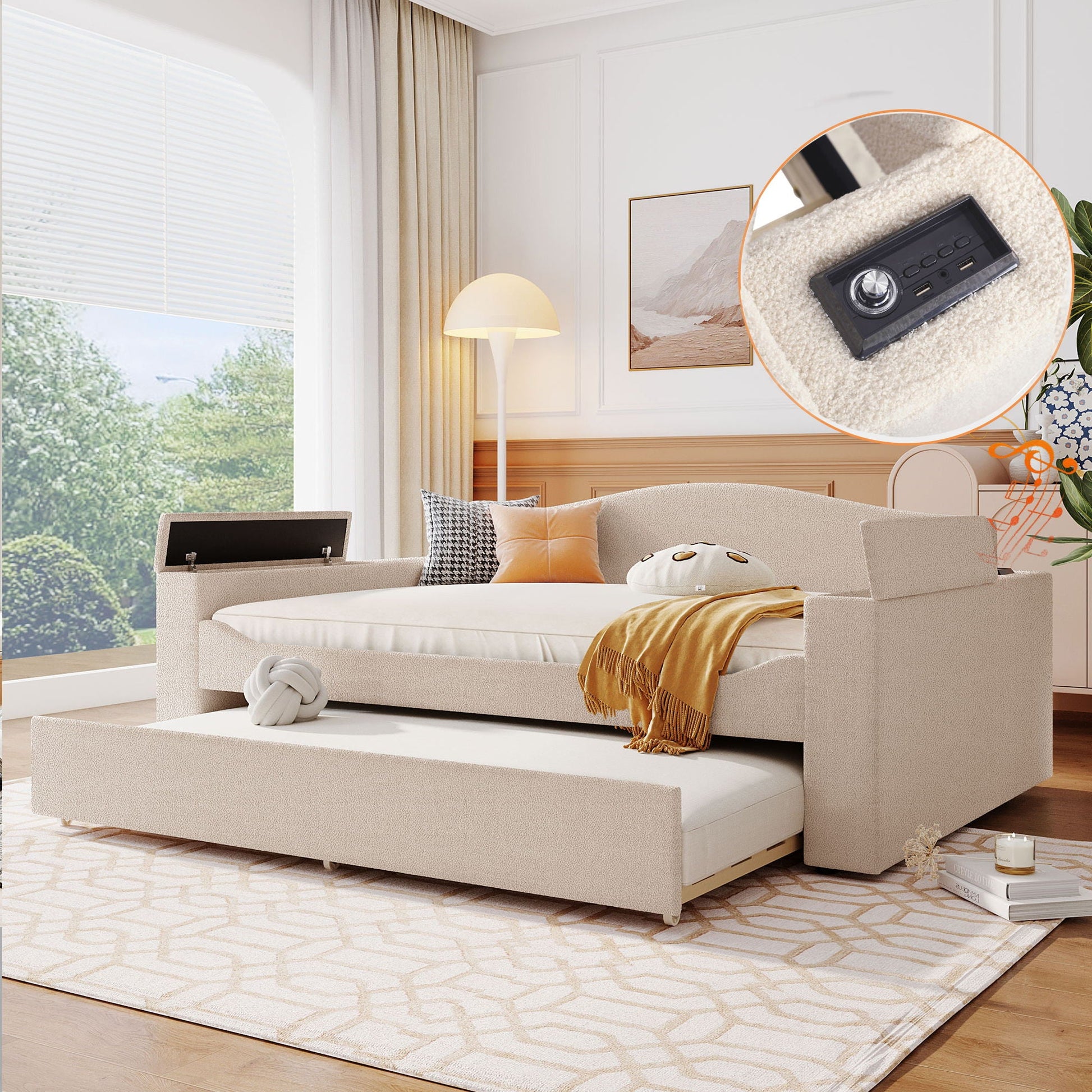 Upholstered beige daybed with storage armrests and trundle; built-in audio by HouseOfZazla on Tampa Home & Garden Store