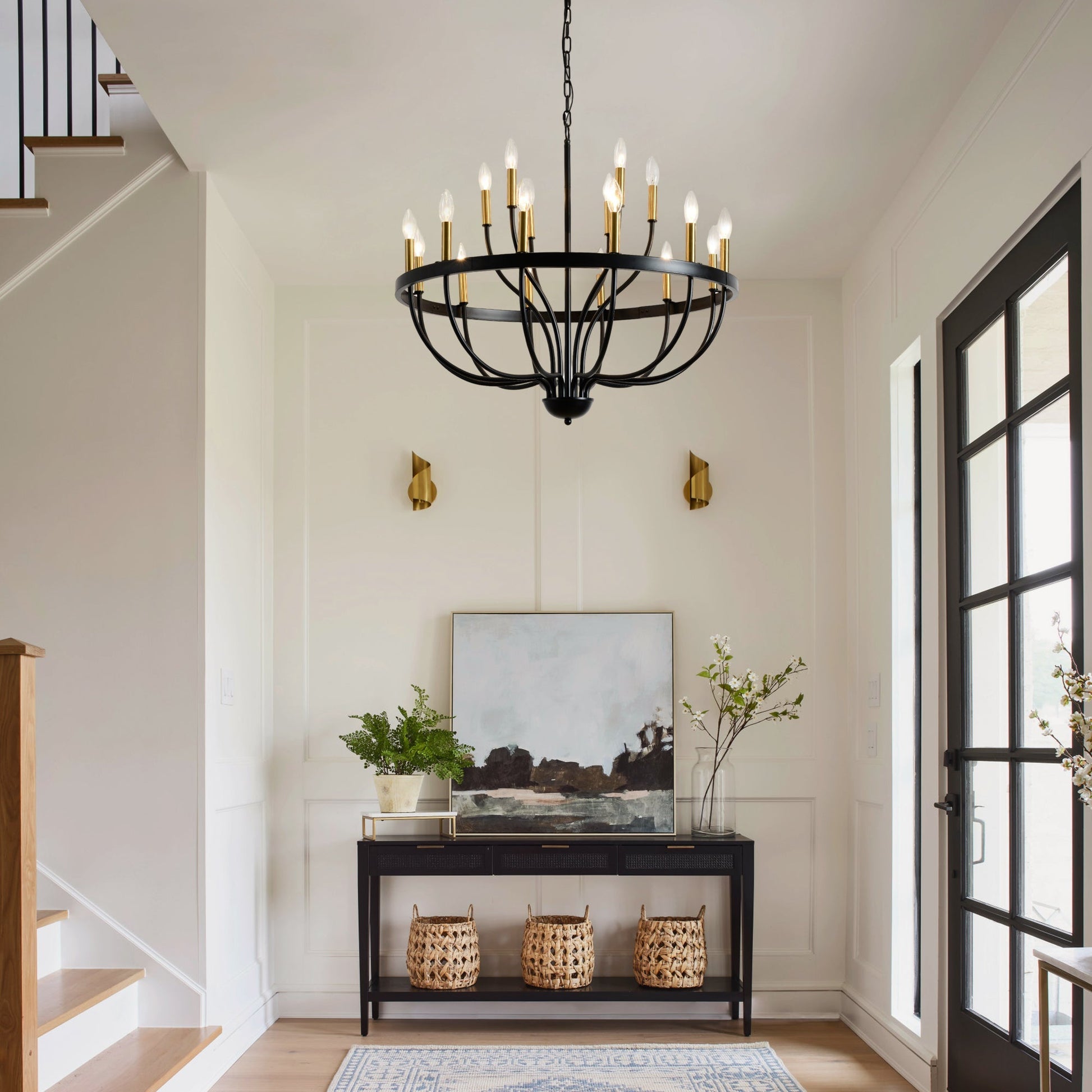 18-Light Industrial Iron Candle Chandelier with black iron frame and gold candle cups, chain-hung on Tampa Home & Garden Store
