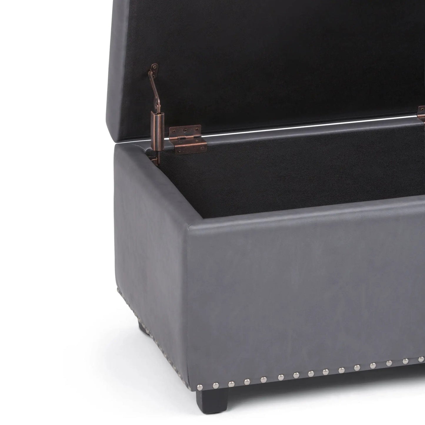 Hamilton Upholstered Storage Ottoman in dark grey fabric with copper hardware and nailhead trim on Tampa Home & Garden Store