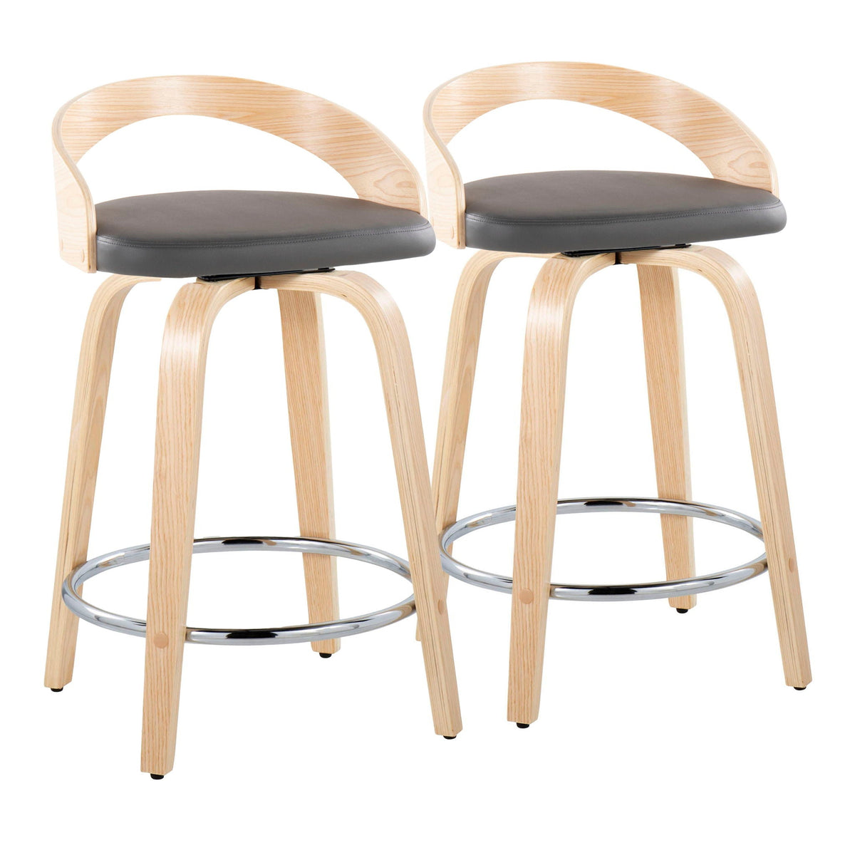 Fixed-height counter stools with swivel seats, dark gray cushions, wood frames, 2-pack on Tampa Home & Garden Store