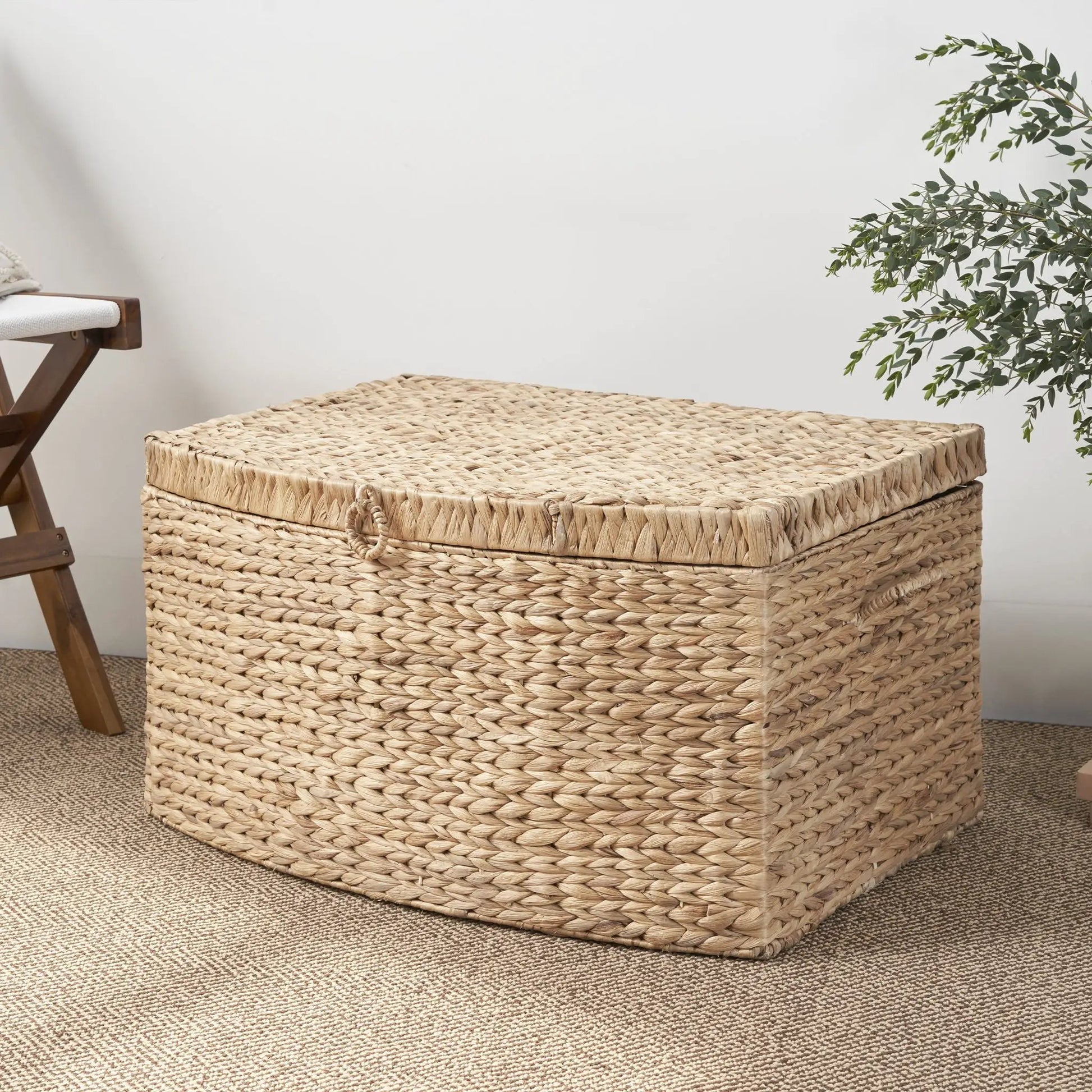 Rectangular curve water hyacinth wicker trunk with handles, natural light brown storage basket on Tampa Home & Garden Store