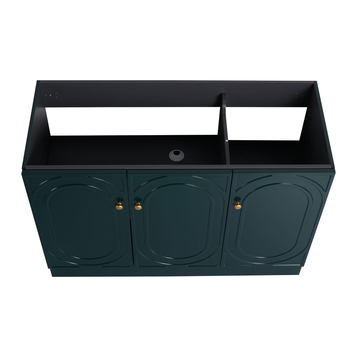 HouseOfZazla freestanding vanity with soft-close, dark teal doors and gold knobs on Tampa Home & Garden Store