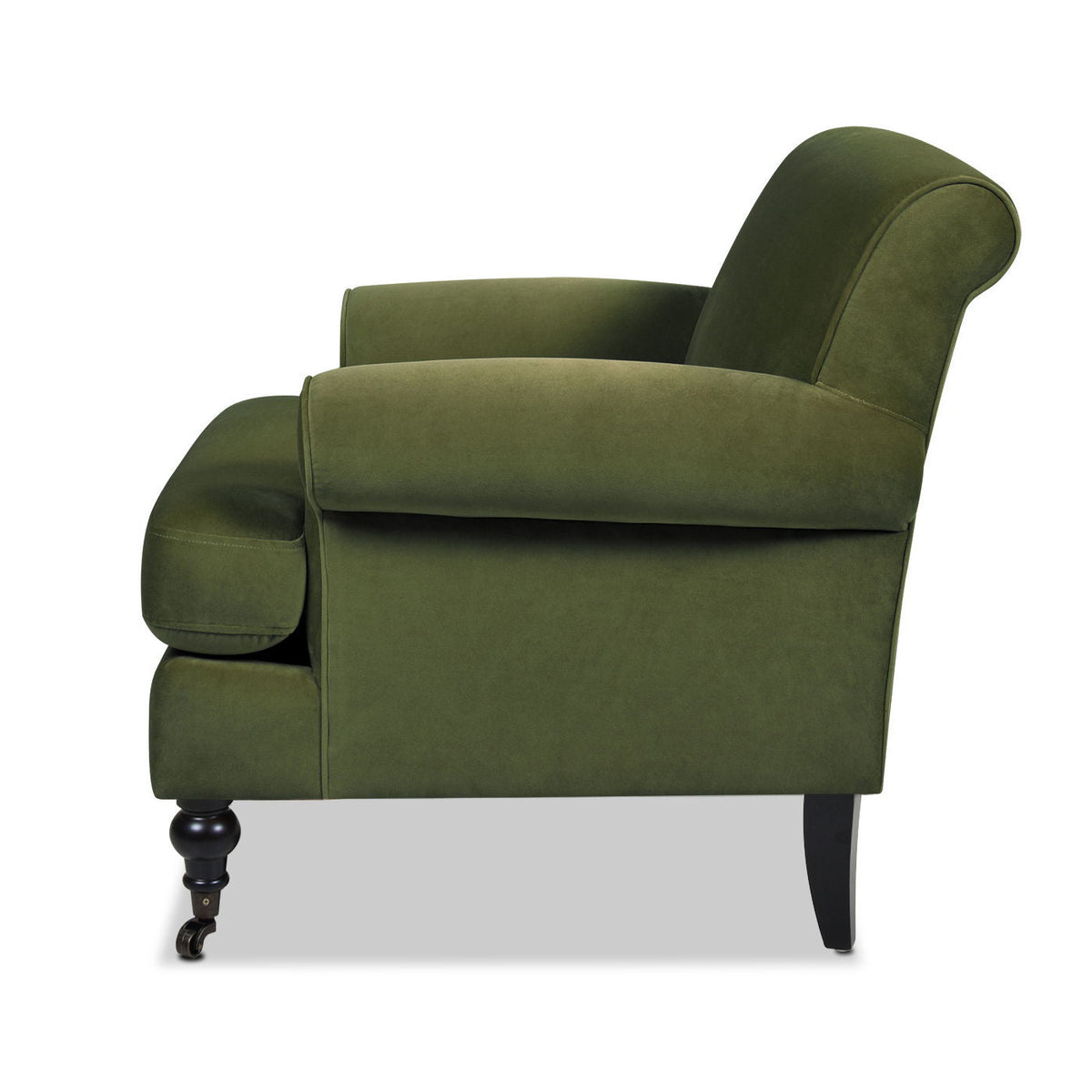 Accent Arm Chair in olive green velvet with casters and reversible cushions on Tampa Home & Garden Store