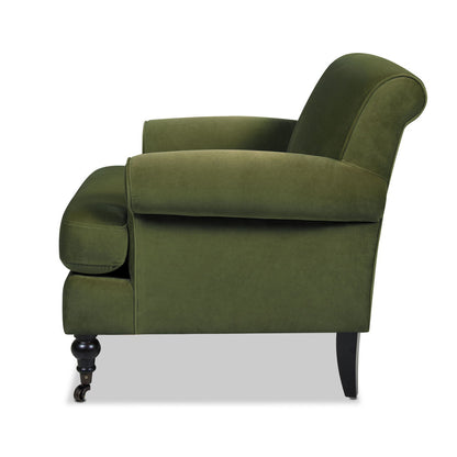 Accent Arm Chair in olive green velvet with casters and reversible cushions on Tampa Home & Garden Store