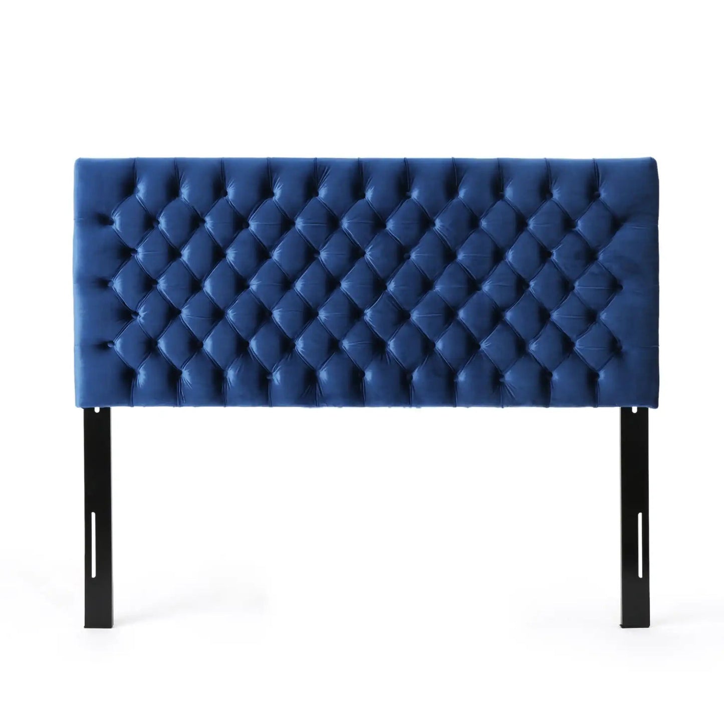 Annecy Contemporary Upholstered Headboard in blue velvet with diamond tufting and black legs on Tampa Home & Garden Store