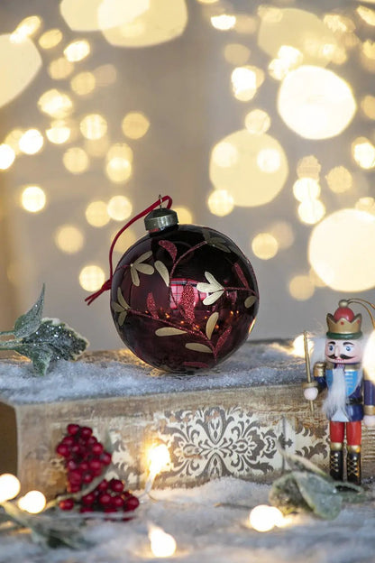 Glass burgundy Christmas ball ornament with gold leaf pattern by Unique Piece Furniture on Tampa Home & Garden Store