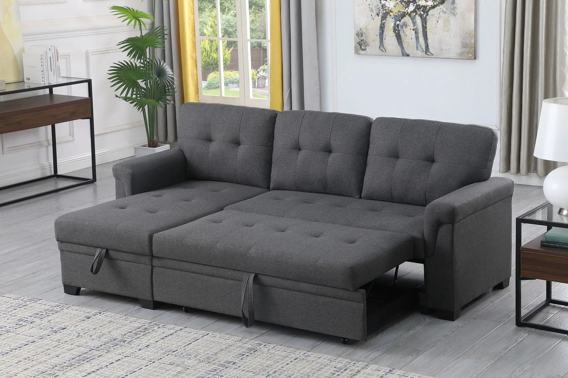 Lucca reversible sleeper sectional sofa with storage chaise in dark gray fabric with tufted cushions on Tampa Home & Garden Store