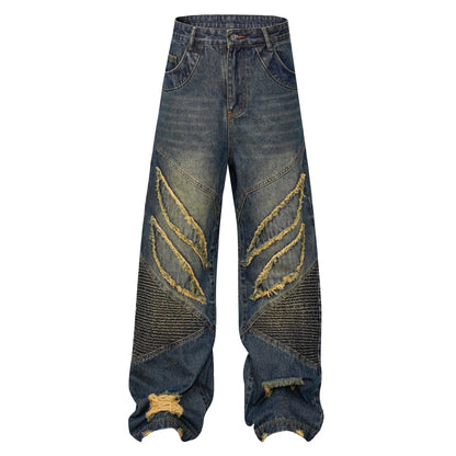 FLIPSTYLEZLLC High Street American Patchwork Cat Beard Jeans in distressed denim on Tampa Home & Garden Store