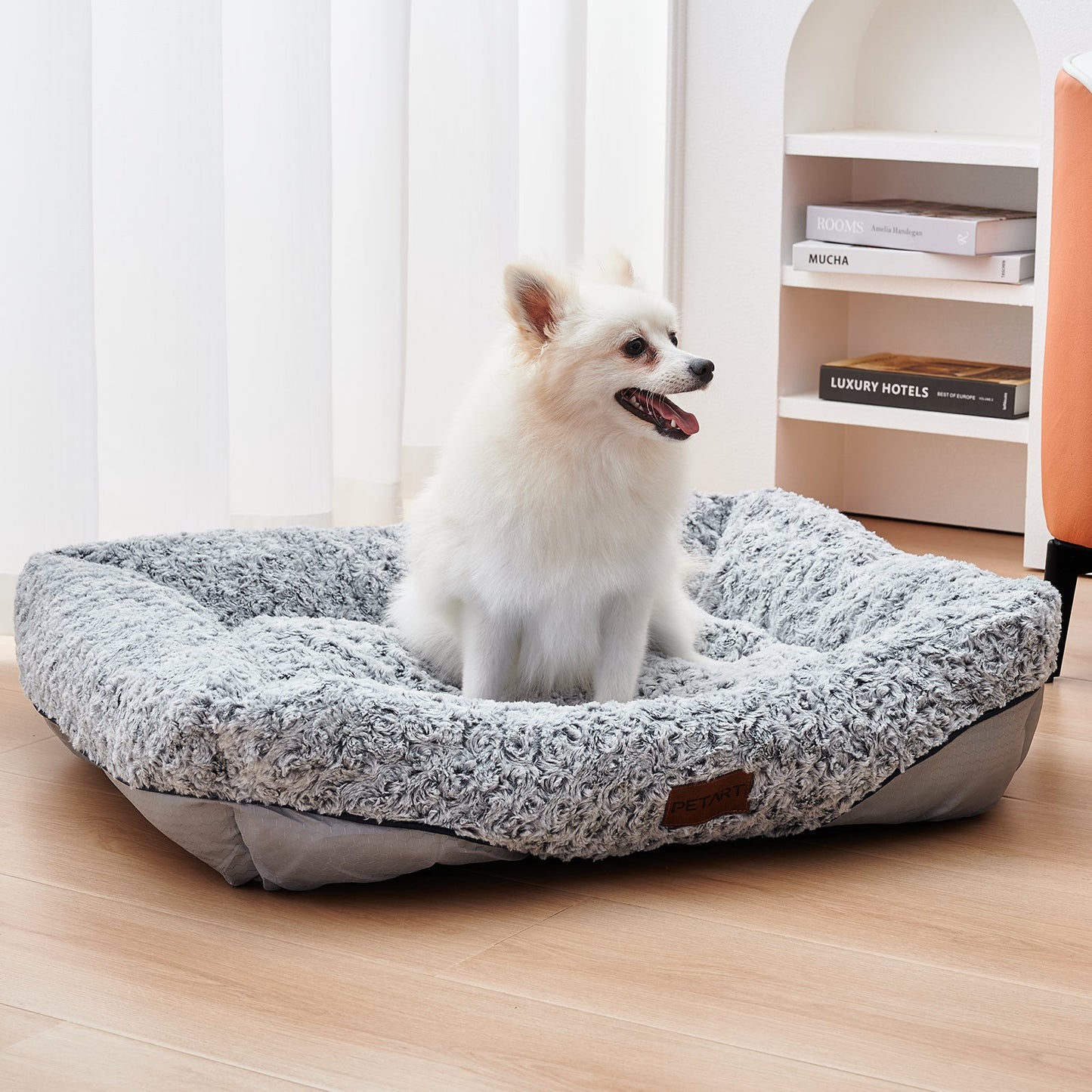 Swirl Rose Velvet Dog Bed for small/med dogs with plush gray surface and removable cushion on Tampa Home & Garden Store