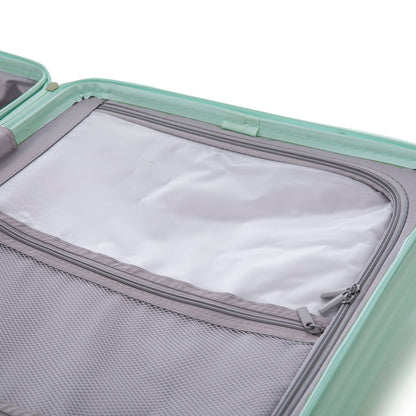 Mint green carry-on luggage interior with gray lining and zip mesh pocket on Tampa Home & Garden Store