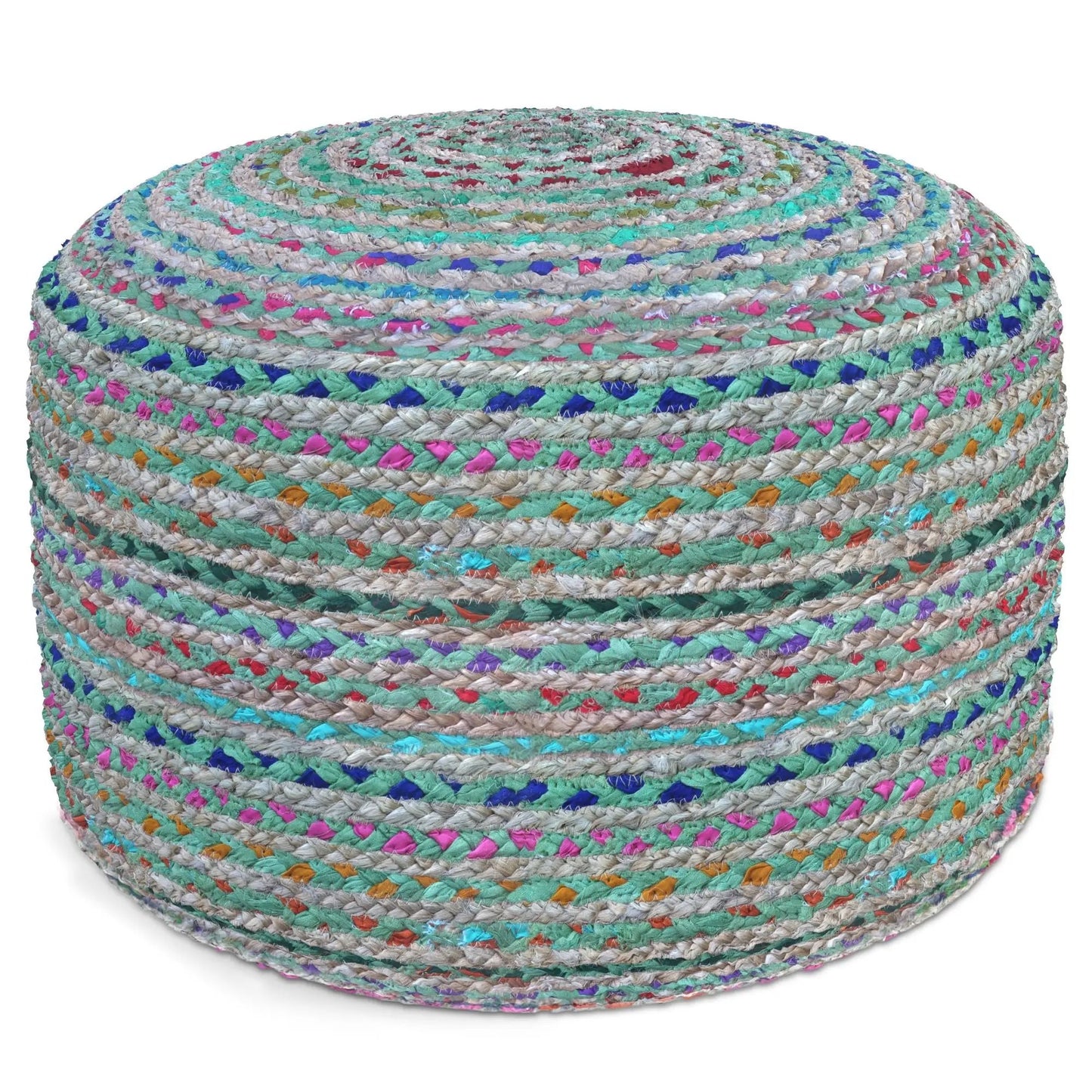 Margo handcrafted round pouf, vibrant braided jute with teal, pink, and blue accents on Tampa Home & Garden Store