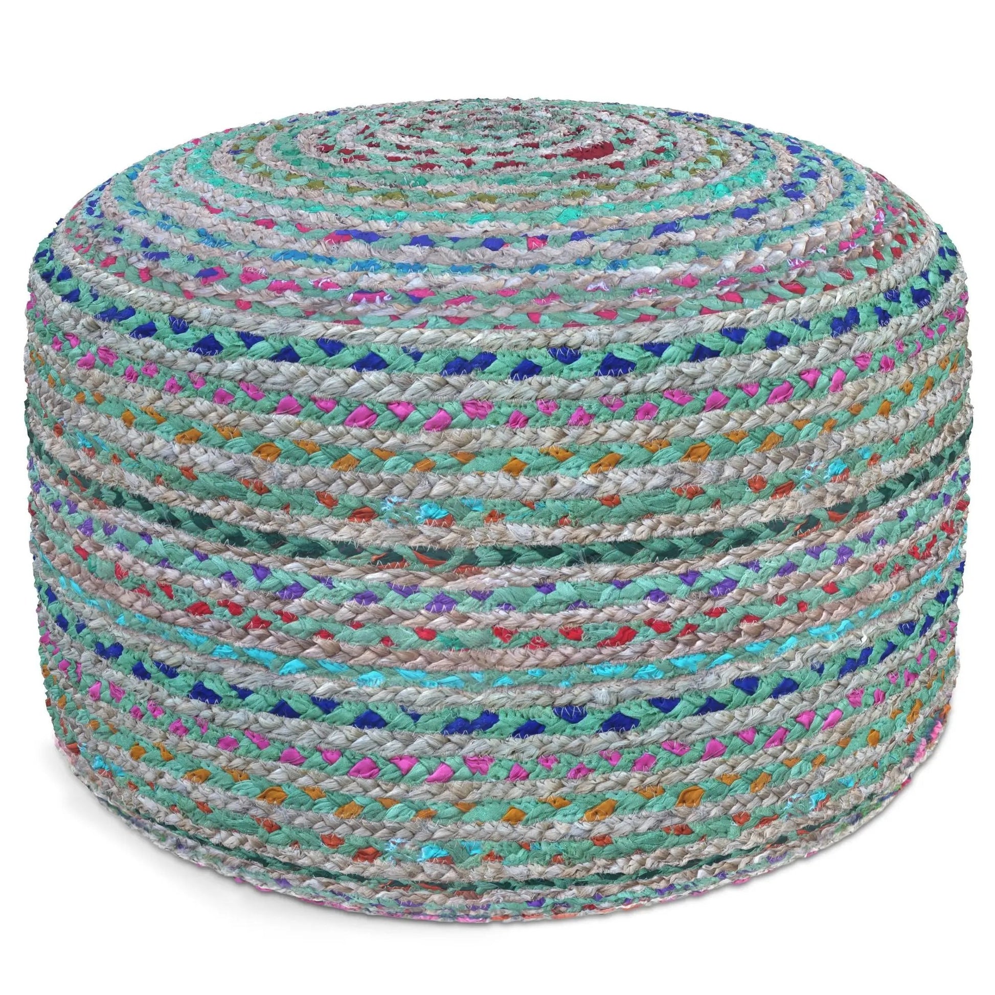 Margo handcrafted round pouf, vibrant braided jute with teal, pink, and blue accents on Tampa Home & Garden Store