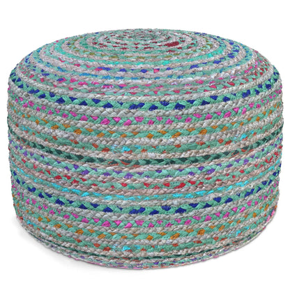 Margo handcrafted round pouf, vibrant braided jute with teal, pink, and blue accents on Tampa Home & Garden Store