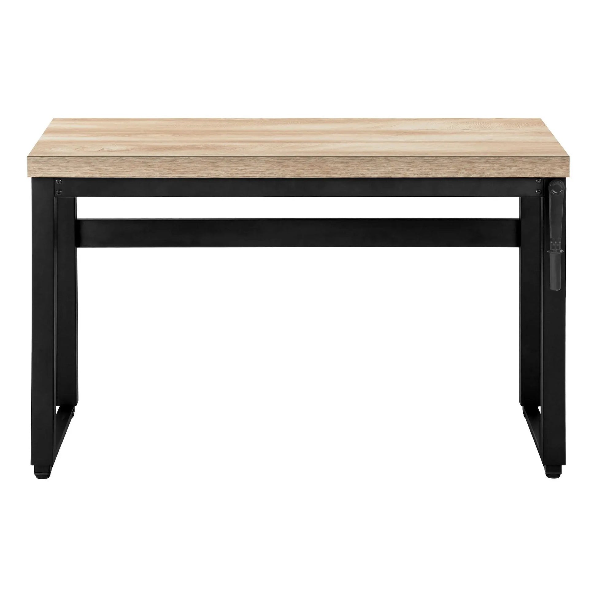 Adjustable standing computer desk with natural wood top and black metal frame on Tampa Home & Garden Store