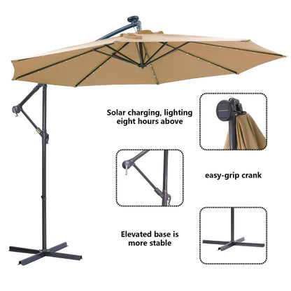 Outdoor cantilever umbrella taupe fabric with LED lights, 10 ft, metal frame on Tampa Home & Garden Store