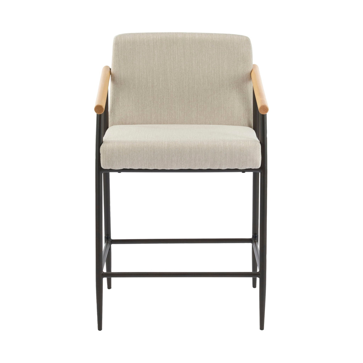 Counter stool with beige fabric upholstery and iron frame, mid century modern on Tampa Home & Garden Store