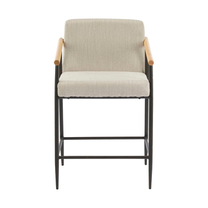 Counter stool with beige fabric upholstery and iron frame, mid century modern on Tampa Home & Garden Store