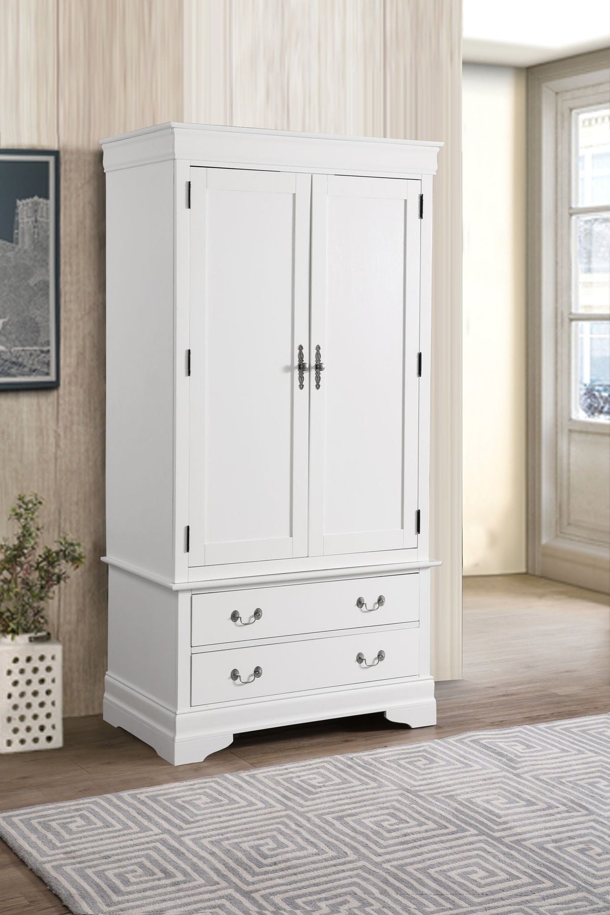 Traditional armoire with hanging bar, white finish, two doors, metal handles HouseOfZazla on Tampa Home & Garden Store