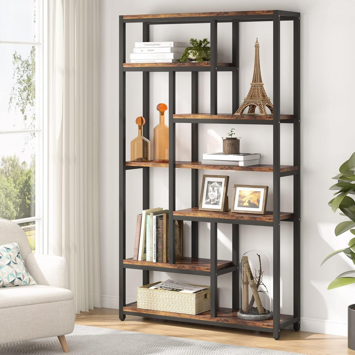 HouseOfZazla extra tall 7-tier industrial etagere bookcase in black metal with wood shelves on Tampa Home & Garden Store