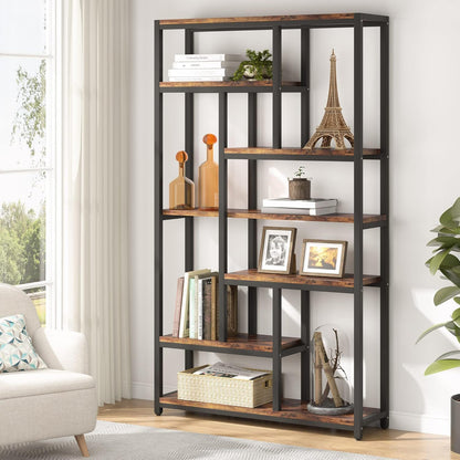 HouseOfZazla extra tall 7-tier industrial etagere bookcase in black metal with wood shelves on Tampa Home & Garden Store
