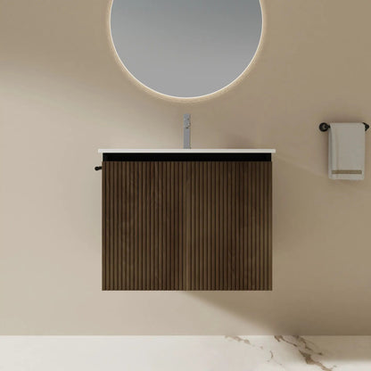 Floating bathroom vanity with slatted wood base, square faucet, towel rack, mirror on Tampa Home & Garden Store