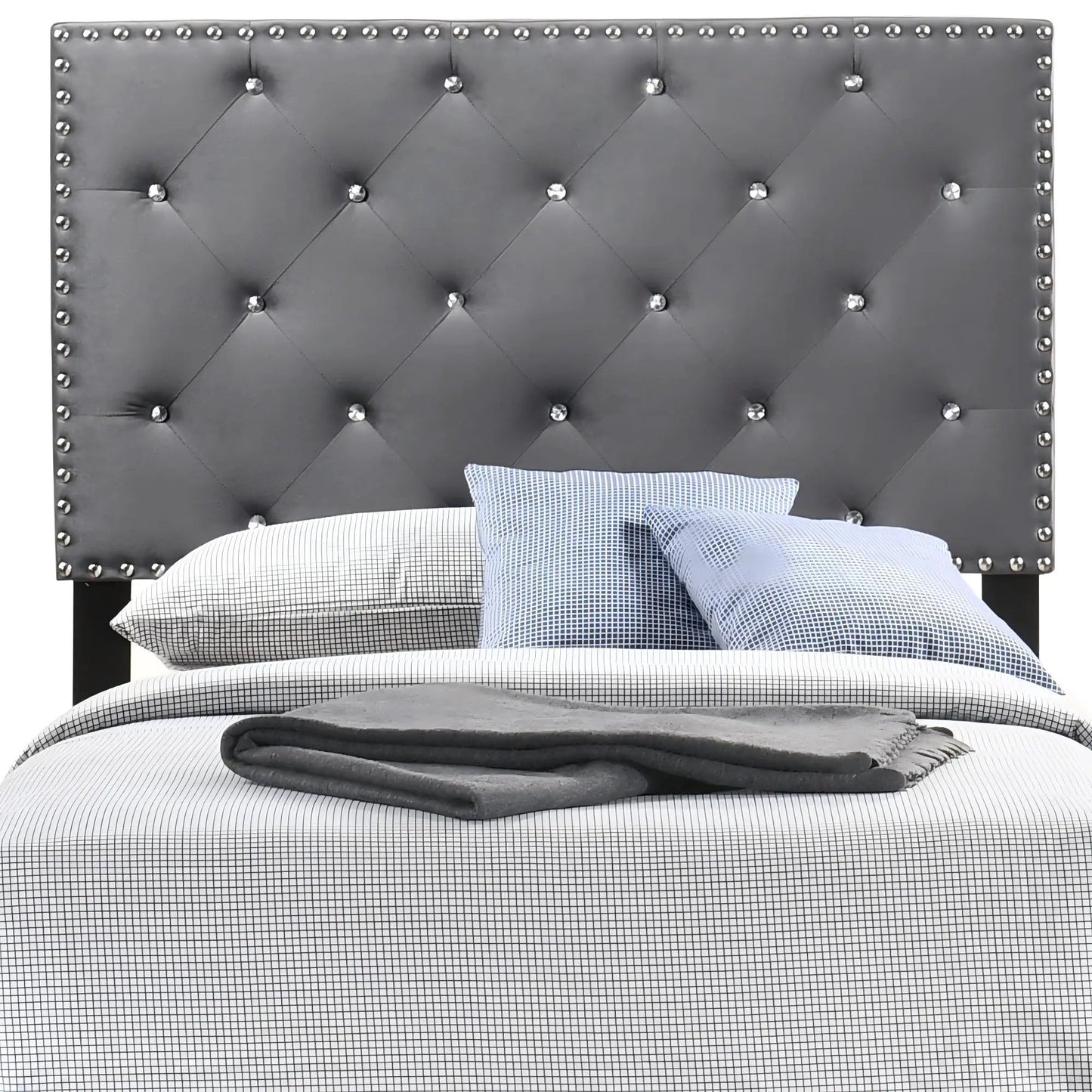 Luxurious Upholstered Bed gray headboard with silver nailhead trim by Unique Piece Furniture on Tampa Home & Garden Store