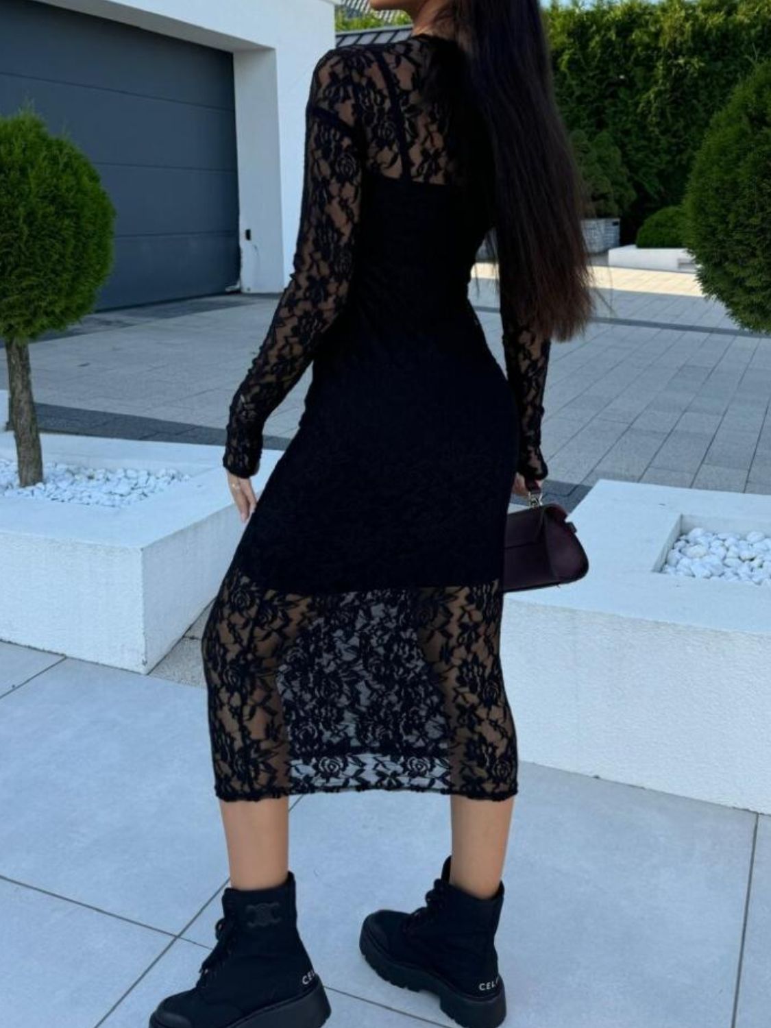 Black lace round-neck long-sleeve midi dress by Stevvex with sheer floral lace sleeves on Tampa Home & Garden Store