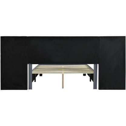 Upholstered platform bed with oversized black headboard by Unique Piece Furniture on Tampa Home & Garden Store