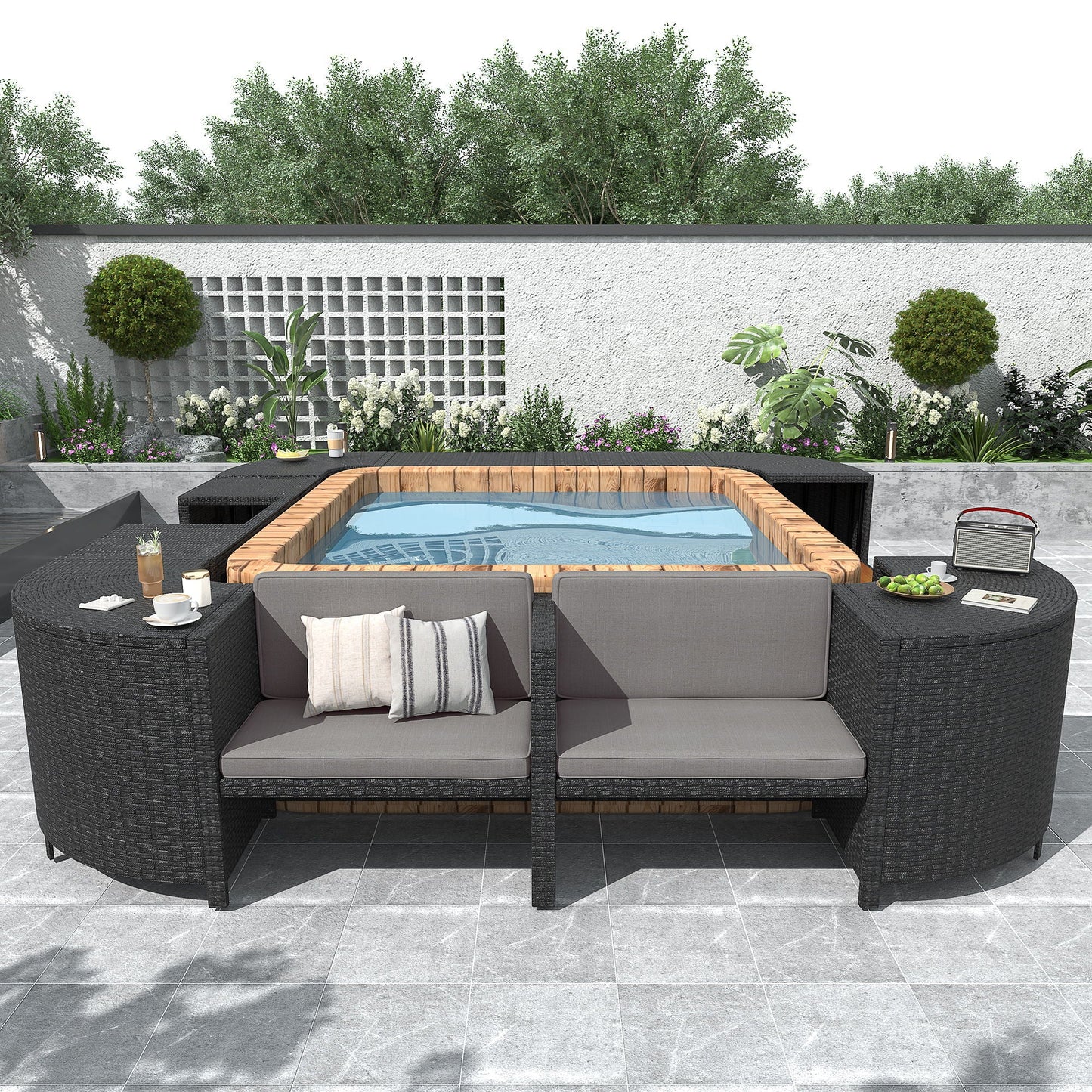 Outdoor Rattan Spa Frame and Modular Storage Seat
