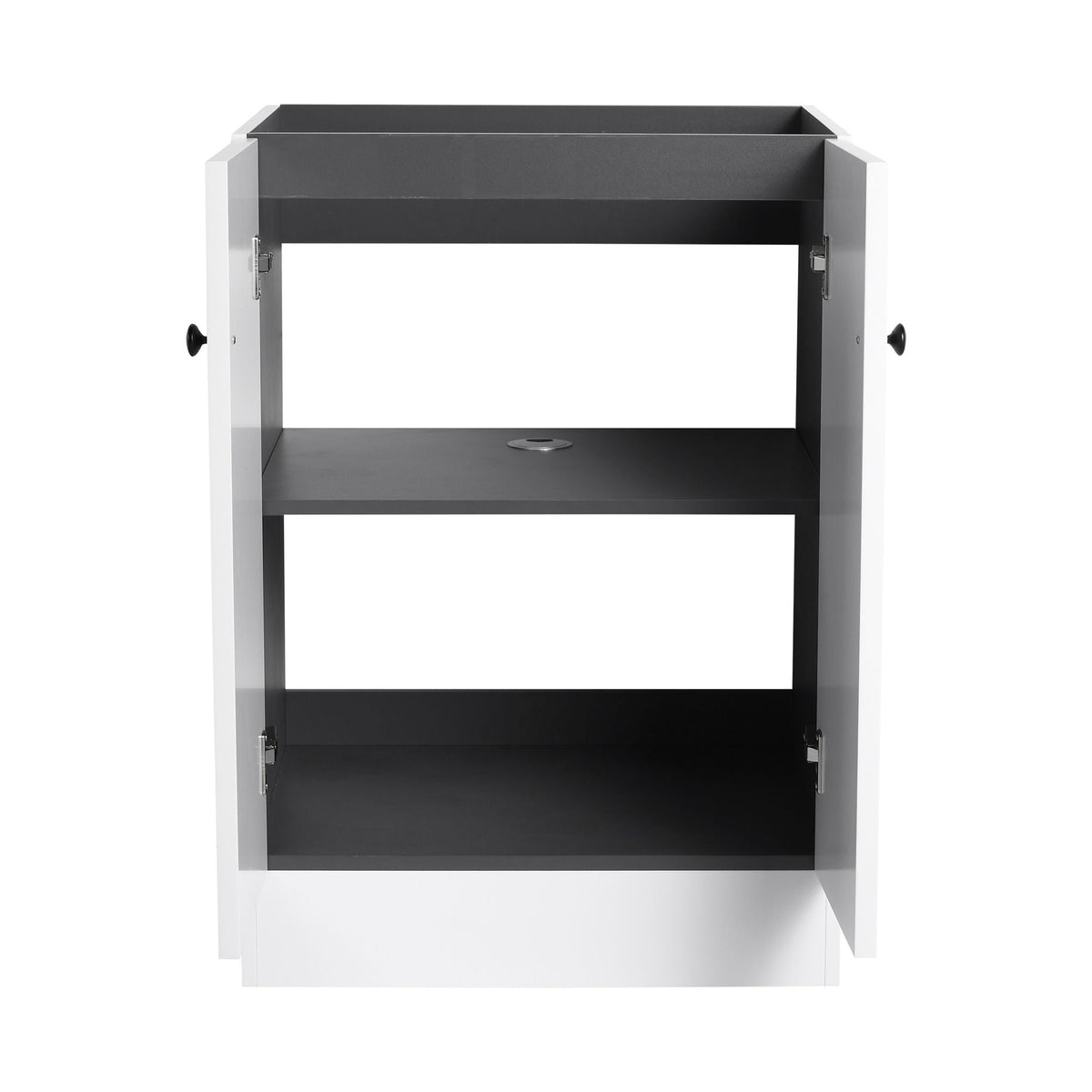 Freestanding bathroom vanity with soft close, white exterior, dark interior, open-door view, HouseOfZazla on Tampa Home & Garden Store
