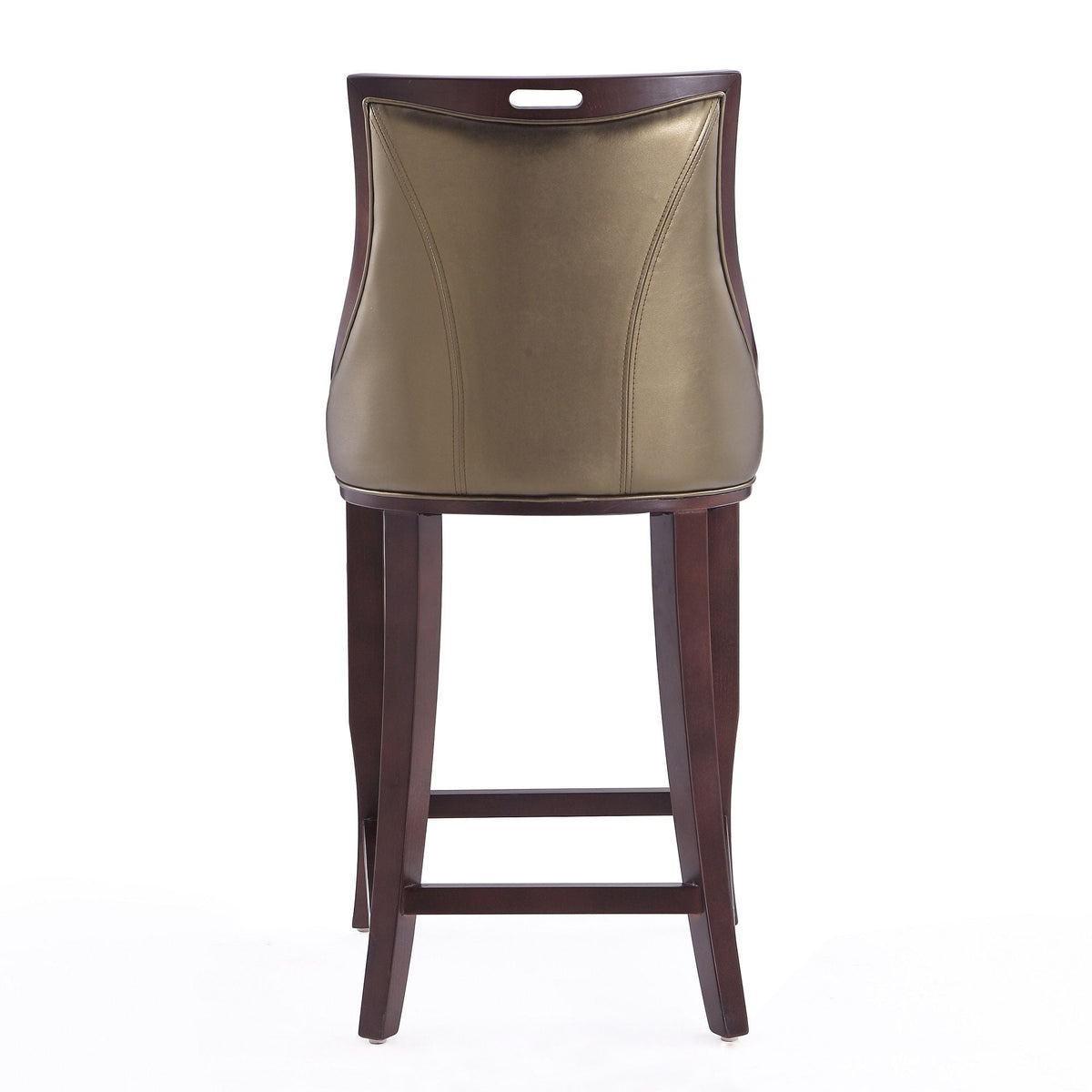 Bar height barstool with bronze accents and bronze faux leather seat, dark wood legs and back cutout on Tampa Home & Garden Store