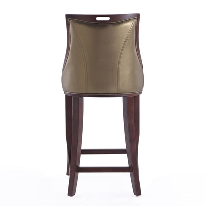Bar height barstool with bronze accents and bronze faux leather seat, dark wood legs and back cutout on Tampa Home & Garden Store