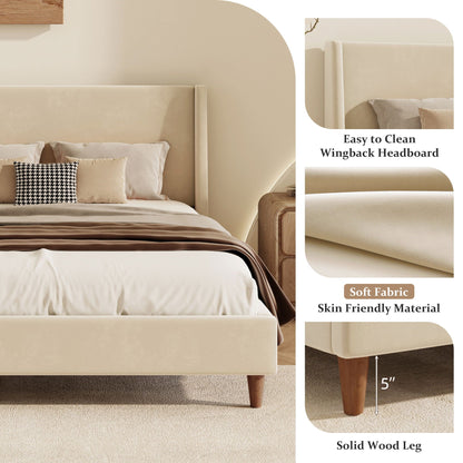 Upholstered platform bed with wingback beige fabric headboard, solid wood legs HouseOfZazla on Tampa Home & Garden Store