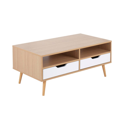 HouseOfZazla coffee table with hidden storage drawers, natural wood and white fronts on Tampa Home & Garden Store