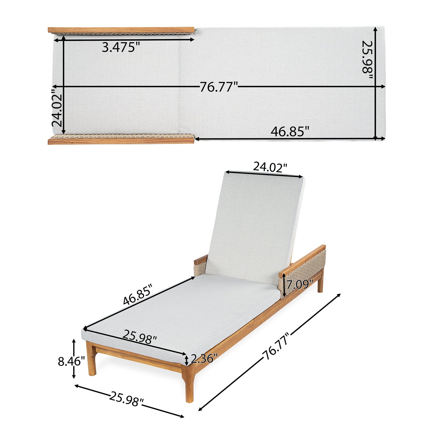 Outdoor sunlounger in solid acacia wood with grey cushions and light grey wicker on Tampa Home & Garden Store