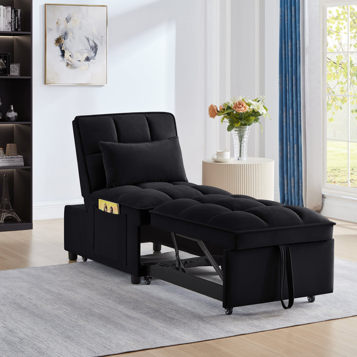 Single Velvet Sofa Bed with Storage Pockets