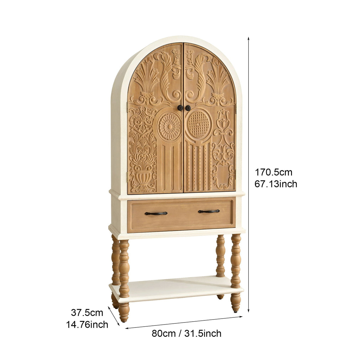 Arched carved door accent cabinet with 1 drawer and shelf natural white by HouseOfZazla on Tampa Home & Garden Store