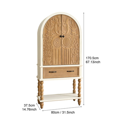 Arched carved door accent cabinet with 1 drawer and shelf natural white by HouseOfZazla on Tampa Home & Garden Store
