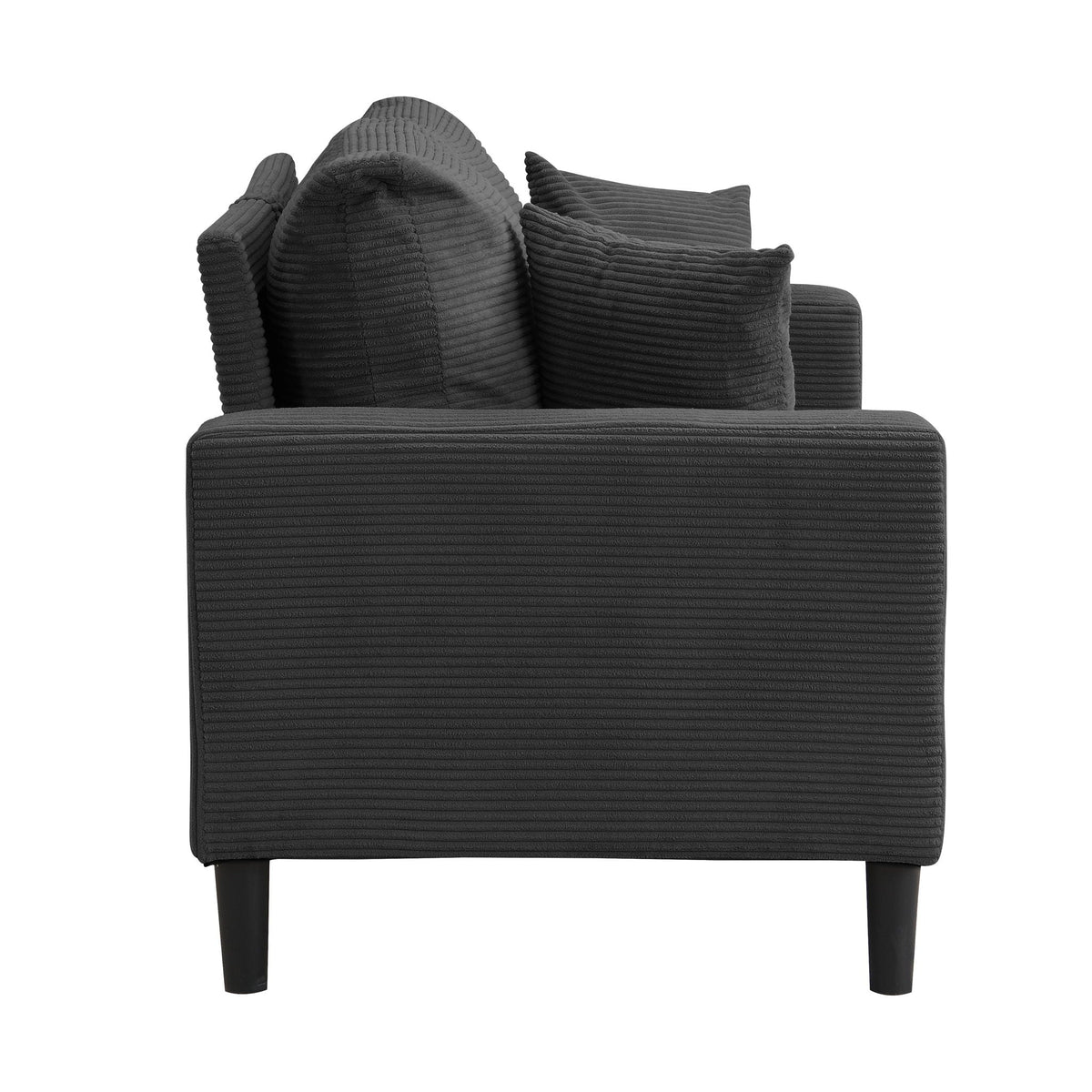 Modern upholstered loveseat in dark gray ribbed fabric with back cushions and tapered legs on Tampa Home & Garden Store