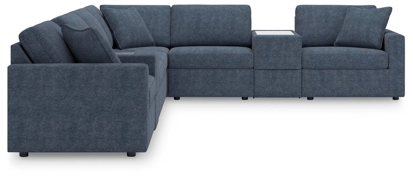 Modmax Ink sectional sofa by Unique Piece Furniture in blue fabric with console on Tampa Home & Garden Store
