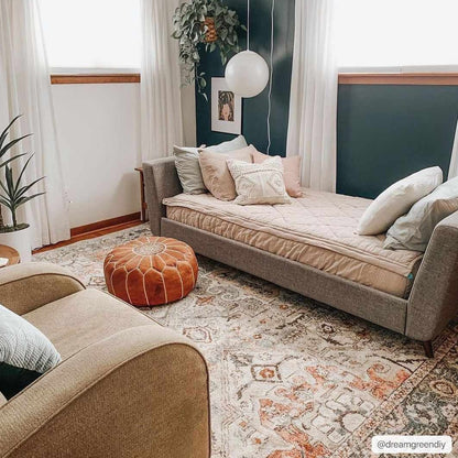 Bolinas Area Rug, Boutique Rugs; beige distressed oriental rug with peach/blue highlights on Tampa Home & Garden Store
