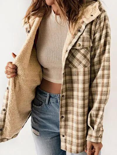 Plaid Snap Down Plush Hooded Jacket Women Warm