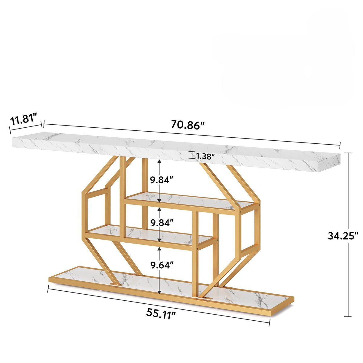 Extra Long Console Table with 4-Tier Storage White marble top Gold metal frame on Tampa Home & Garden Store