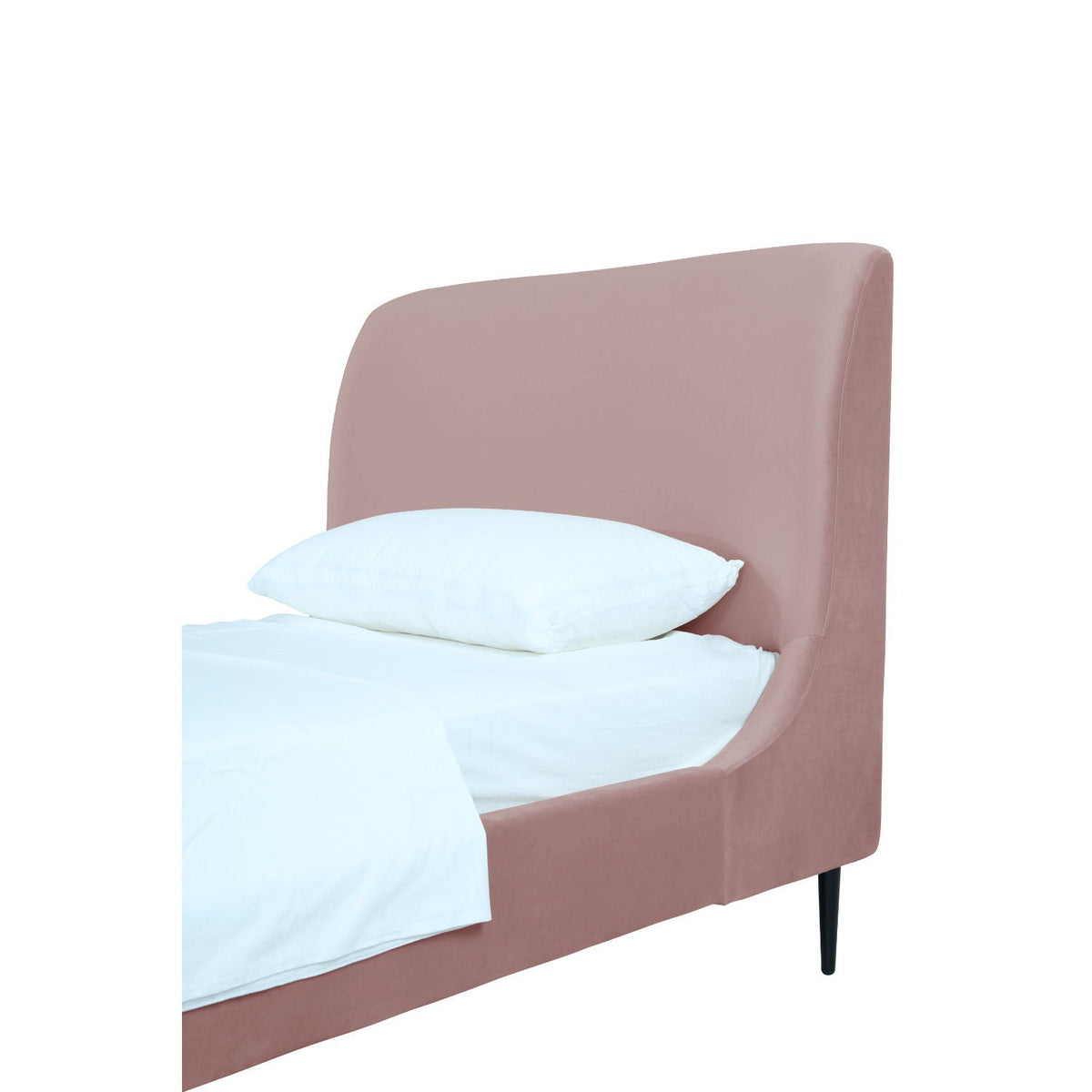 Heather upholstered bed with curved headboard in pink velvet and black tapered legs on Tampa Home & Garden Store